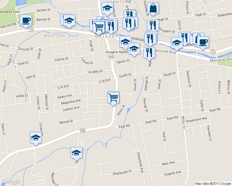 map of restaurants, bars, coffee shops, grocery stores, and more near Wolcott St & Russ Ln in Bristol