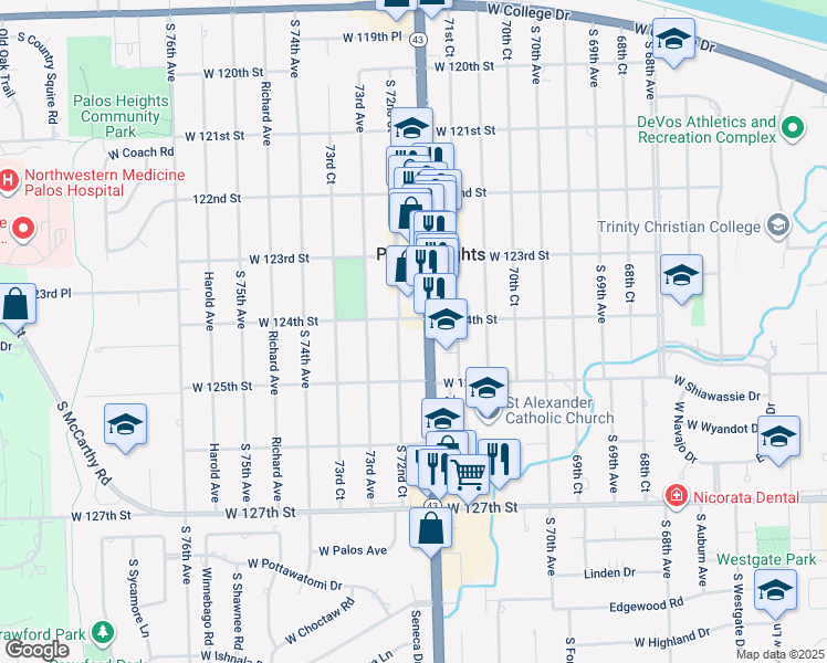 map of restaurants, bars, coffee shops, grocery stores, and more near 12413 South Harlem Avenue in Palos Heights