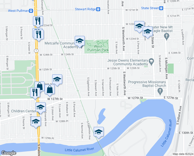 map of restaurants, bars, coffee shops, grocery stores, and more near 12539 South Stewart Avenue in Chicago