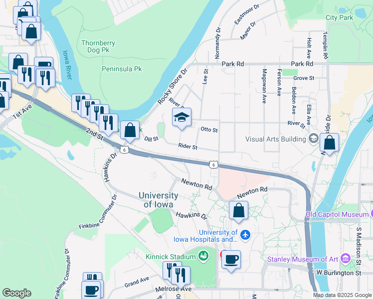 map of restaurants, bars, coffee shops, grocery stores, and more near 919 Rider Street in Iowa City