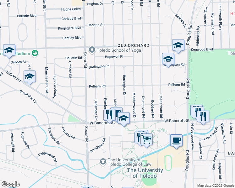 map of restaurants, bars, coffee shops, grocery stores, and more near 2325 Barrington Drive in Toledo