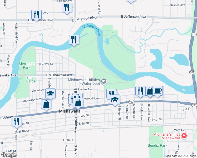 map of restaurants, bars, coffee shops, grocery stores, and more near 801 North State Street in Mishawaka