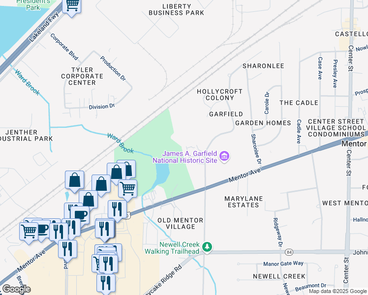 map of restaurants, bars, coffee shops, grocery stores, and more near 7560 Hollycroft Lane in Mentor