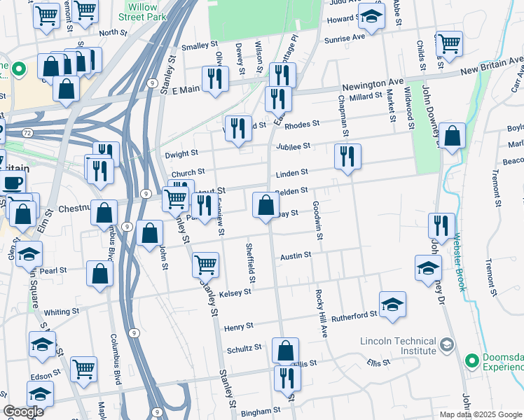 map of restaurants, bars, coffee shops, grocery stores, and more near 15 Cliff Street in New Britain