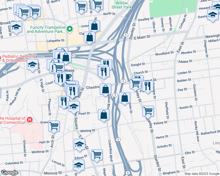 map of restaurants, bars, coffee shops, grocery stores, and more near in New Britain