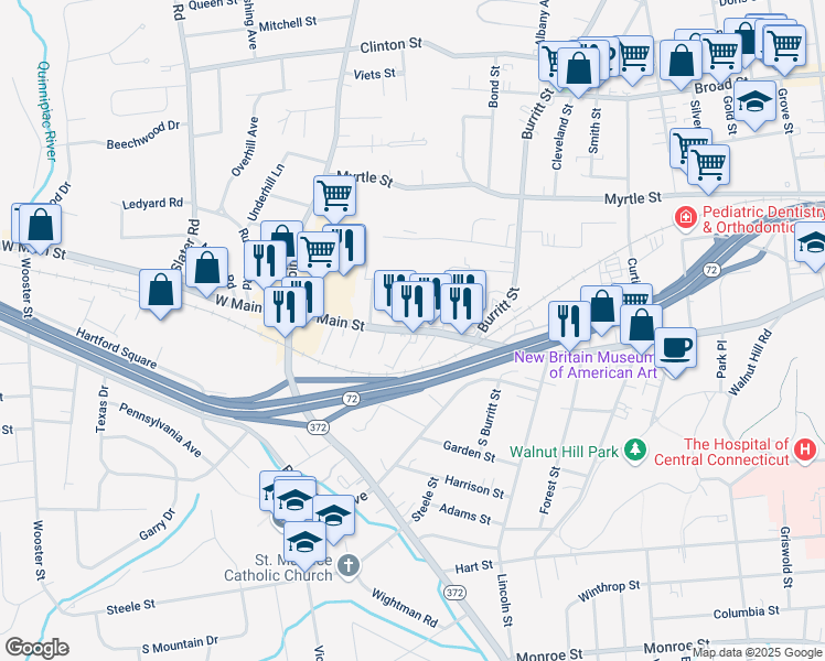 map of restaurants, bars, coffee shops, grocery stores, and more near 17 Holmes Avenue in New Britain