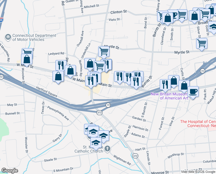map of restaurants, bars, coffee shops, grocery stores, and more near 24 Bradley Street in New Britain