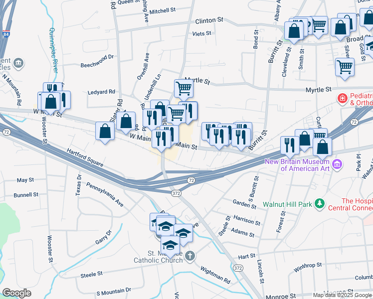 map of restaurants, bars, coffee shops, grocery stores, and more near 24 Bradley Street in New Britain