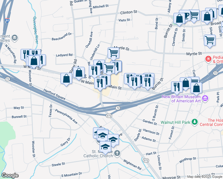 map of restaurants, bars, coffee shops, grocery stores, and more near 33 Wakefield Court in New Britain