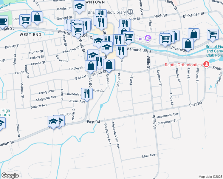 map of restaurants, bars, coffee shops, grocery stores, and more near 75 Union Street in Bristol