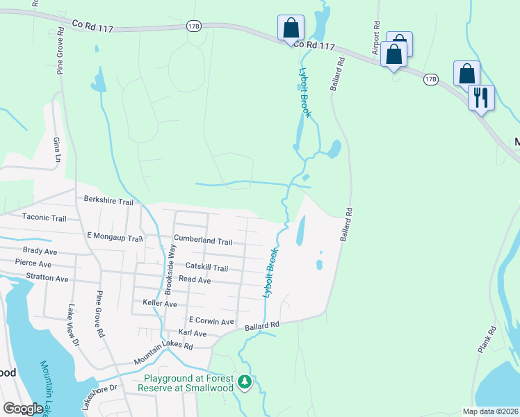 map of restaurants, bars, coffee shops, grocery stores, and more near 22 East Adirondack Trail in Smallwood