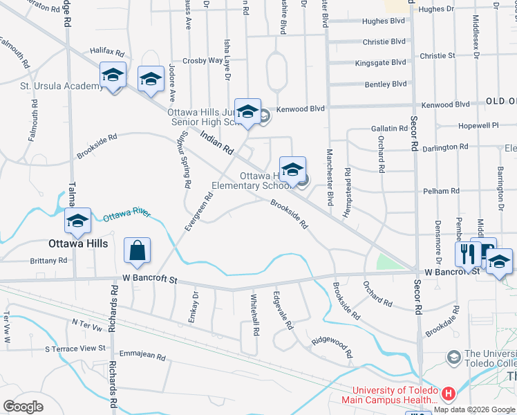 map of restaurants, bars, coffee shops, grocery stores, and more near 3711 Sulphur Spring Road in Toledo