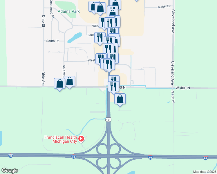 map of restaurants, bars, coffee shops, grocery stores, and more near 9998 West 400 North in Michigan City