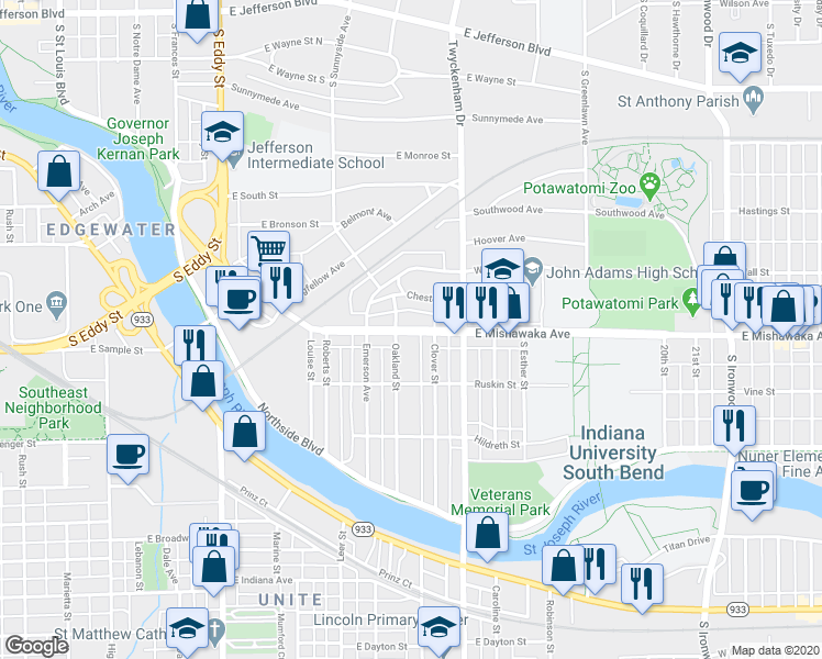 map of restaurants, bars, coffee shops, grocery stores, and more near 1413 West Mishawaka Avenue in South Bend