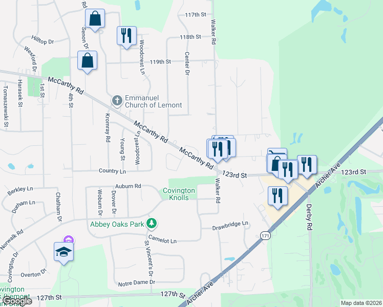 map of restaurants, bars, coffee shops, grocery stores, and more near 1265 McCarthy Road in Lemont