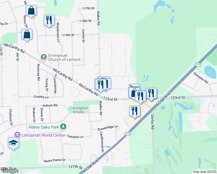 map of restaurants, bars, coffee shops, grocery stores, and more near 1317 Oak Avenue in Lemont