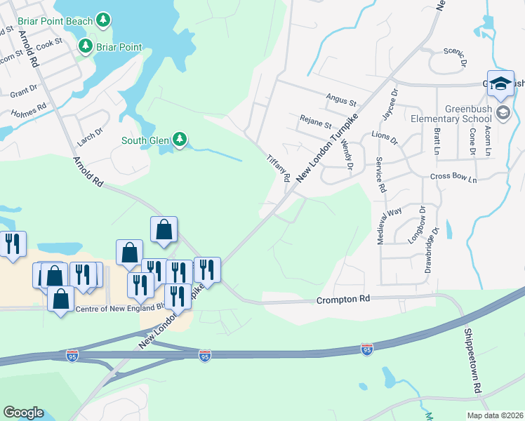 map of restaurants, bars, coffee shops, grocery stores, and more near 2069 New London Turnpike in Coventry