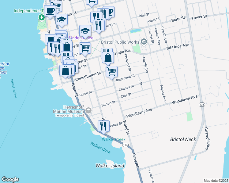 map of restaurants, bars, coffee shops, grocery stores, and more near 183 Wood Street in Bristol