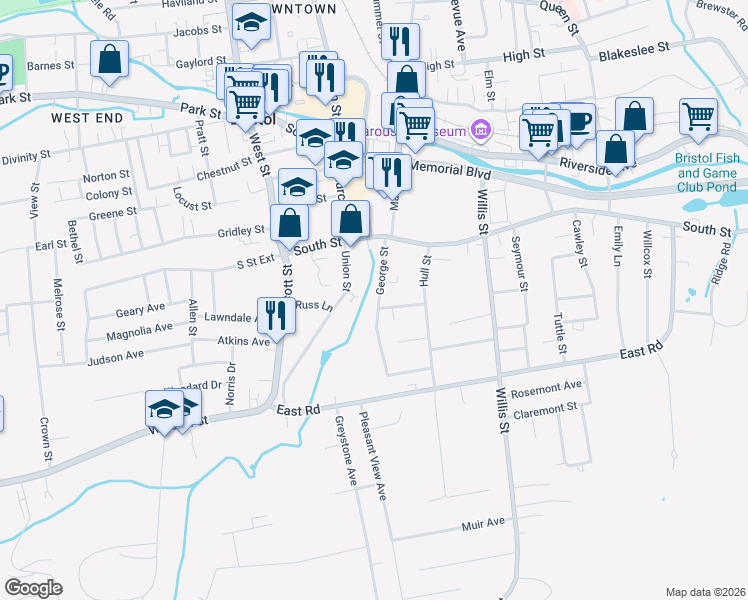 map of restaurants, bars, coffee shops, grocery stores, and more near 85 George Street in Bristol