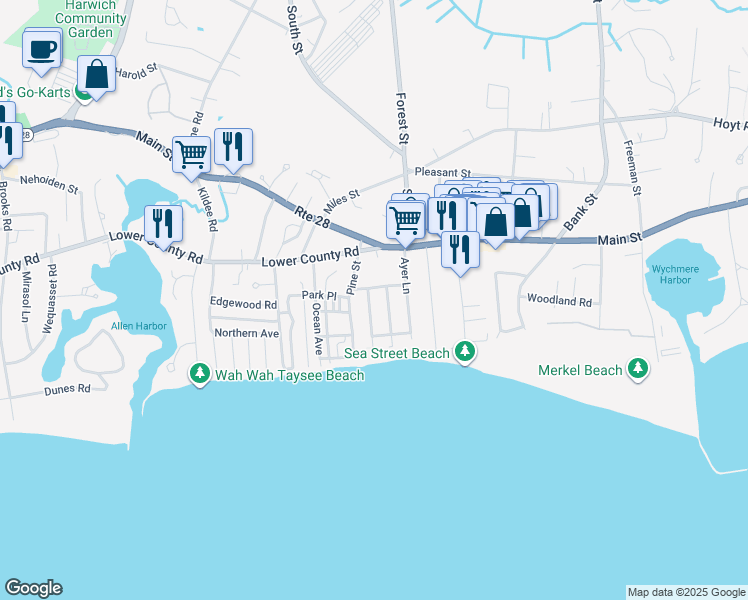 map of restaurants, bars, coffee shops, grocery stores, and more near 22 Sequatton Lane in Harwich