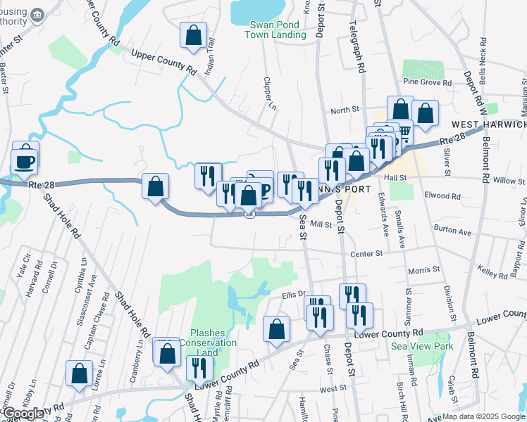 map of restaurants, bars, coffee shops, grocery stores, and more near 451 Main Street in Dennis