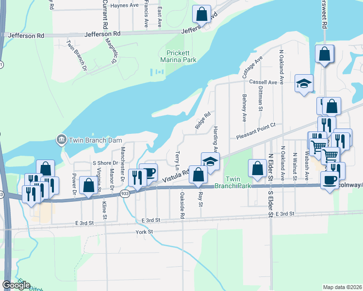 map of restaurants, bars, coffee shops, grocery stores, and more near 324 Terry Lane in Mishawaka