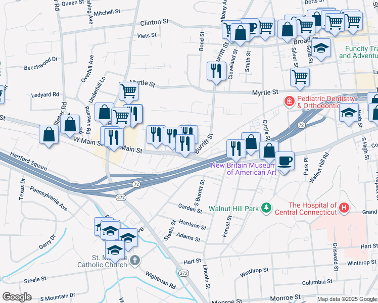 map of restaurants, bars, coffee shops, grocery stores, and more near 527 West Main Street in New Britain