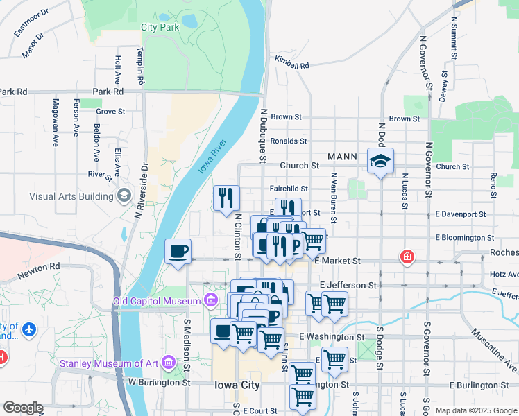 map of restaurants, bars, coffee shops, grocery stores, and more near 128 East Davenport Street in Iowa City