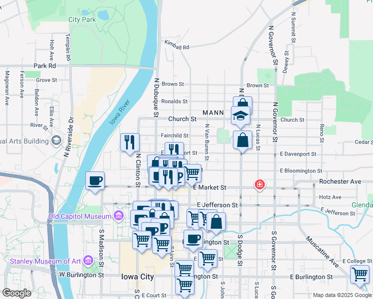 map of restaurants, bars, coffee shops, grocery stores, and more near 332 East Davenport Street in Iowa City