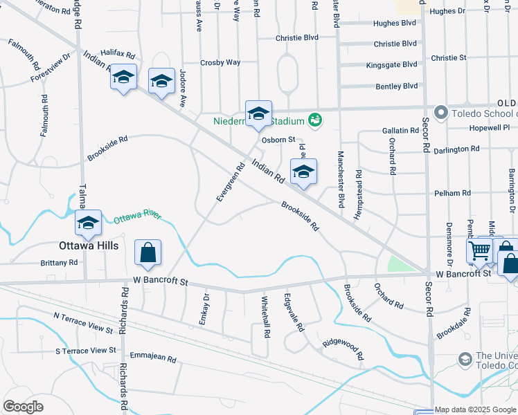 map of restaurants, bars, coffee shops, grocery stores, and more near 3711 Sulphur Spring Road in Toledo