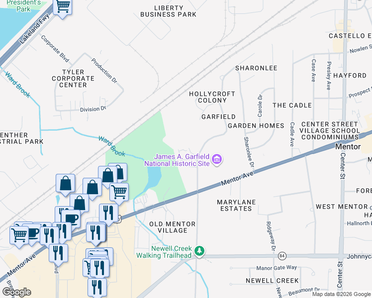 map of restaurants, bars, coffee shops, grocery stores, and more near 7560 Hollycroft Lane in Mentor