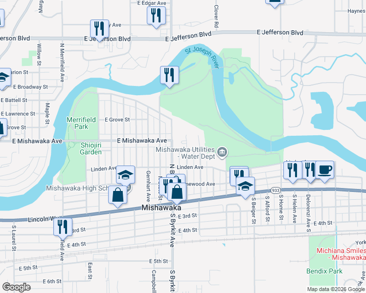 map of restaurants, bars, coffee shops, grocery stores, and more near 423 Miami Club Court in Mishawaka