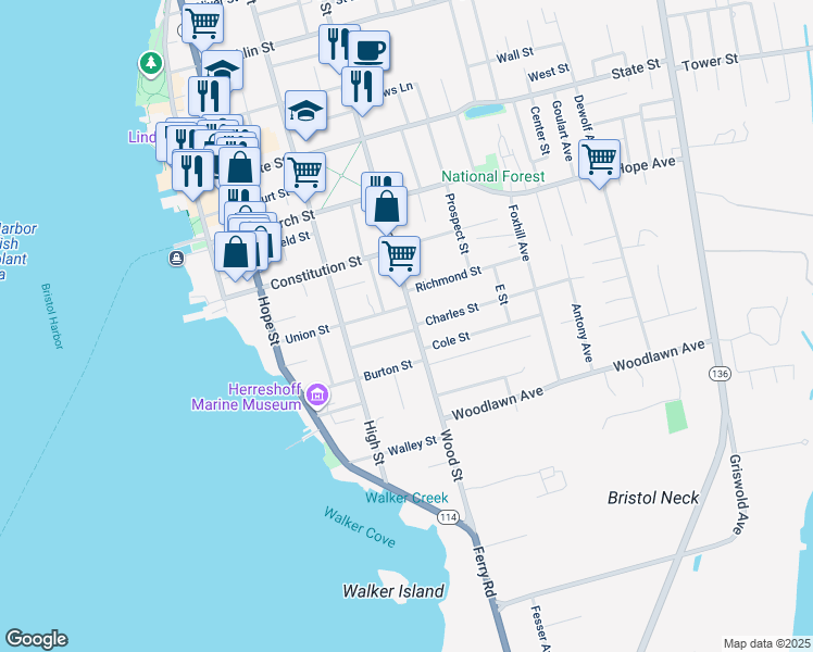 map of restaurants, bars, coffee shops, grocery stores, and more near 48 Cottage Street in Bristol