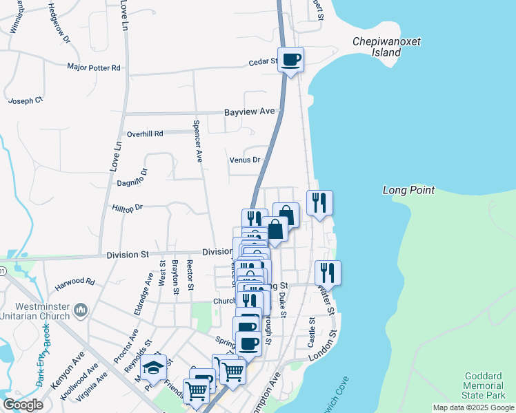 map of restaurants, bars, coffee shops, grocery stores, and more near 81 Ladd Street in East Greenwich