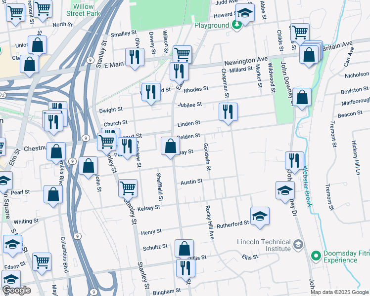 map of restaurants, bars, coffee shops, grocery stores, and more near 451 East Street in New Britain
