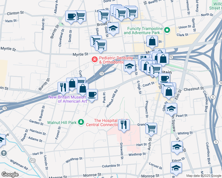 map of restaurants, bars, coffee shops, grocery stores, and more near 6 Park Place in New Britain