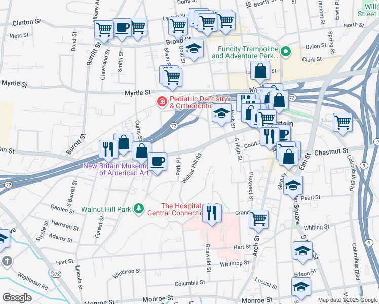 map of restaurants, bars, coffee shops, grocery stores, and more near 6 Park Place in New Britain