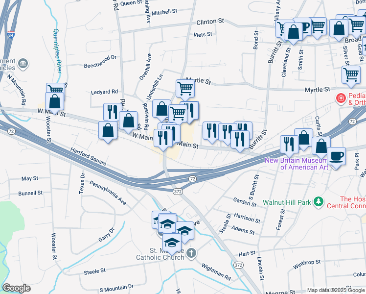 map of restaurants, bars, coffee shops, grocery stores, and more near 33 Wakefield Court in New Britain