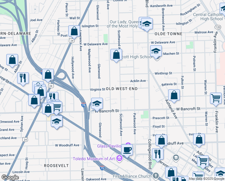 map of restaurants, bars, coffee shops, grocery stores, and more near 2256 Robinwood Avenue in Toledo