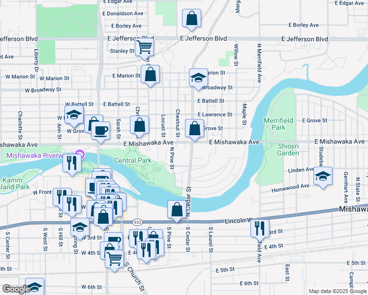 map of restaurants, bars, coffee shops, grocery stores, and more near 523 North Cedar Street in Mishawaka