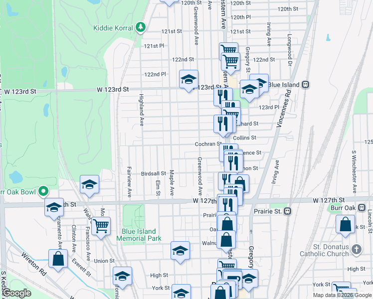 map of restaurants, bars, coffee shops, grocery stores, and more near 2530 Lewis Street in Blue Island
