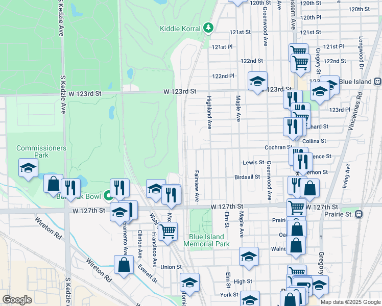 map of restaurants, bars, coffee shops, grocery stores, and more near 12521 Meadow Lane in Blue Island