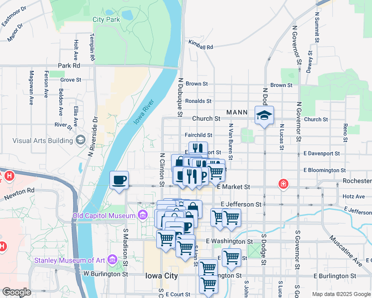map of restaurants, bars, coffee shops, grocery stores, and more near 326 North Dubuque Street in Iowa City