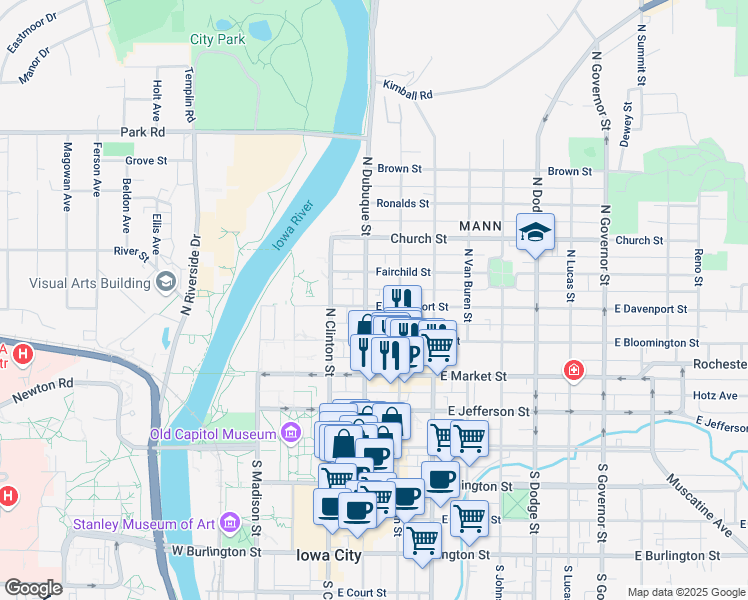 map of restaurants, bars, coffee shops, grocery stores, and more near 326 North Dubuque Street in Iowa City