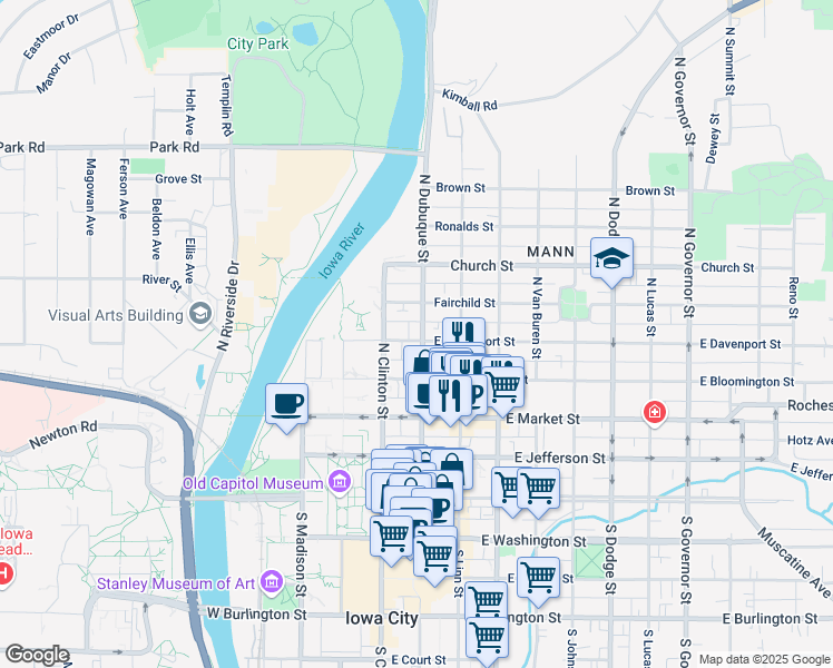 map of restaurants, bars, coffee shops, grocery stores, and more near 326 North Dubuque Street in Iowa City