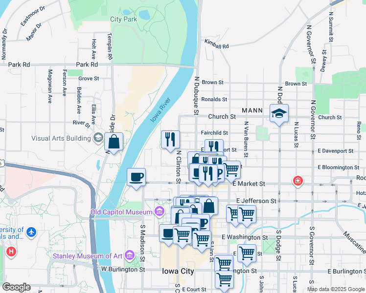 map of restaurants, bars, coffee shops, grocery stores, and more near in Iowa City