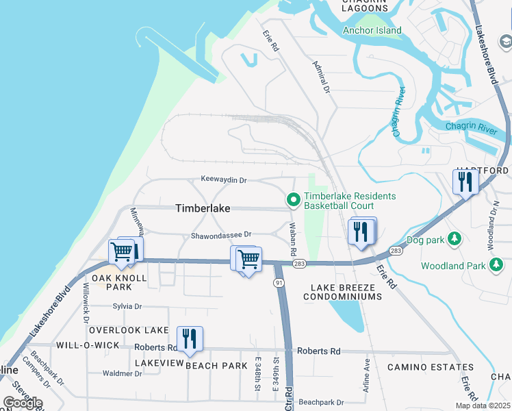 map of restaurants, bars, coffee shops, grocery stores, and more near 90 East Shore Boulevard in Timberlake
