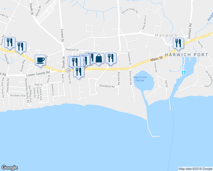 map of restaurants, bars, coffee shops, grocery stores, and more near 14 Woodland in Harwich