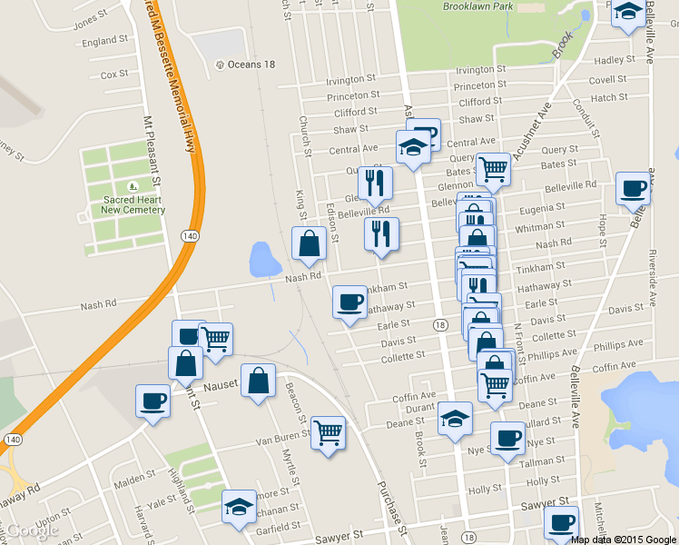 map of restaurants, bars, coffee shops, grocery stores, and more near 334 Nash Road in New Bedford