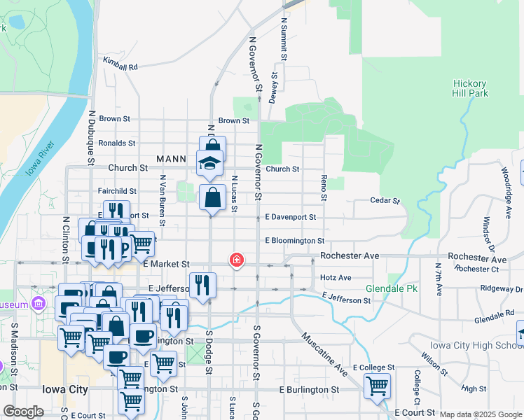 map of restaurants, bars, coffee shops, grocery stores, and more near 906 East Davenport Street in Iowa City